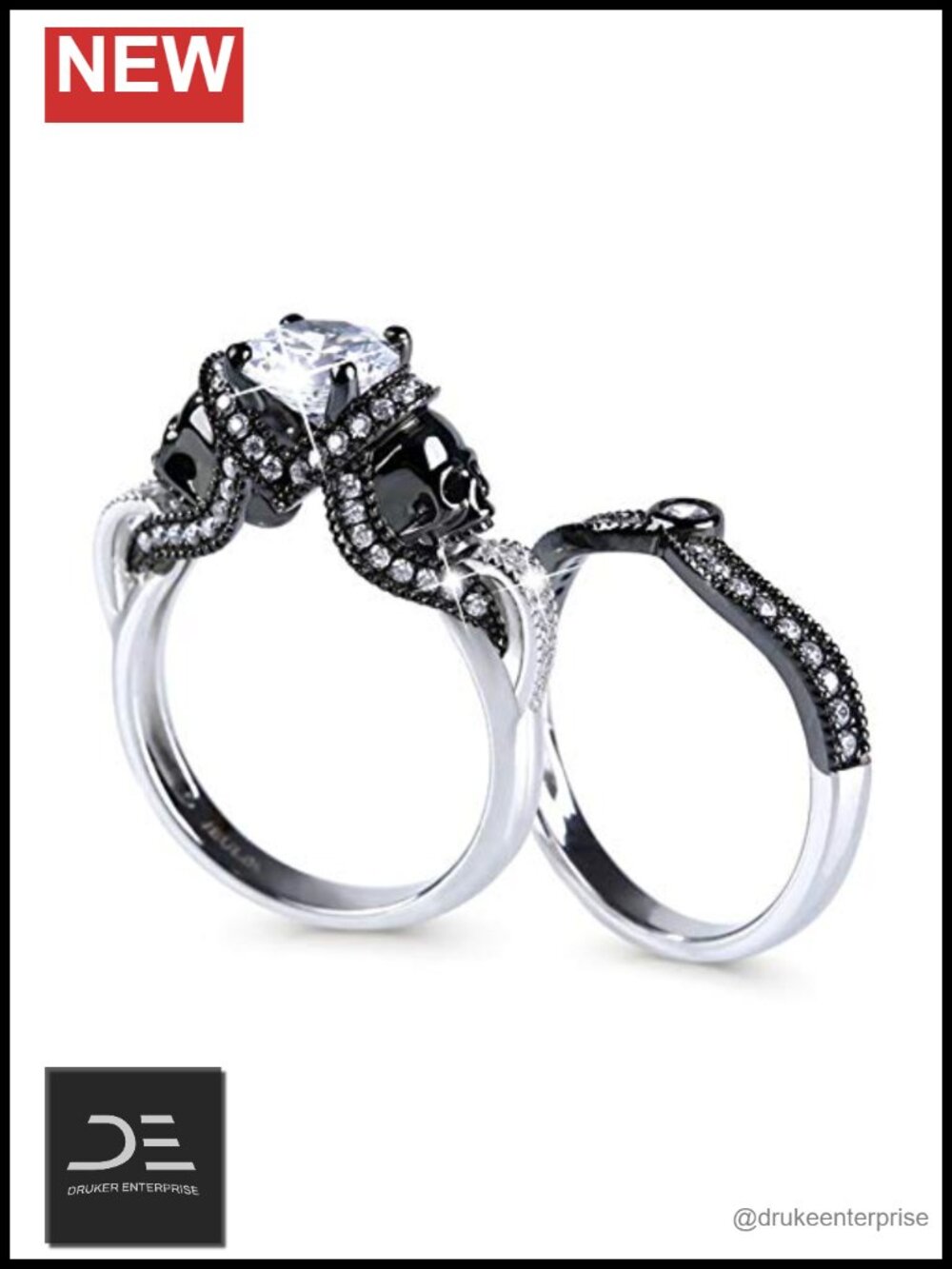 Sterling Silver Skull Bridal Ring Set 3.68ct Black White Stones
